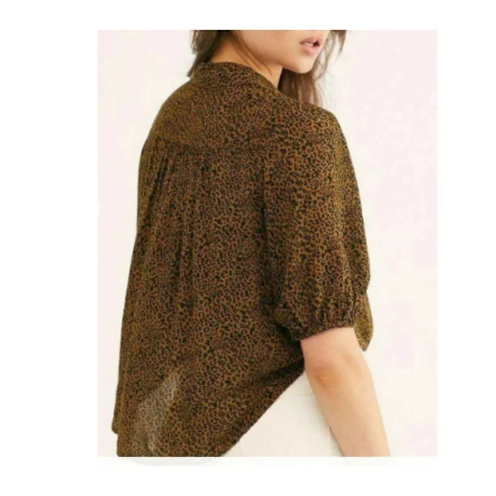 NWT Free People Celia Top Leopard Print Tie-Front Puff Sleeves Button Down XS
